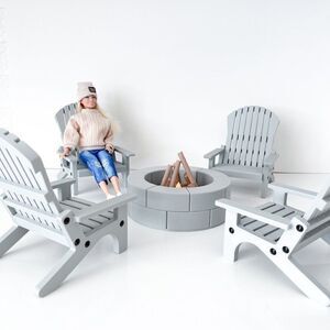 4 Gray Miniature Adirondack Chairs & Round Firepit W/Flickering Logs 1:6 Scale